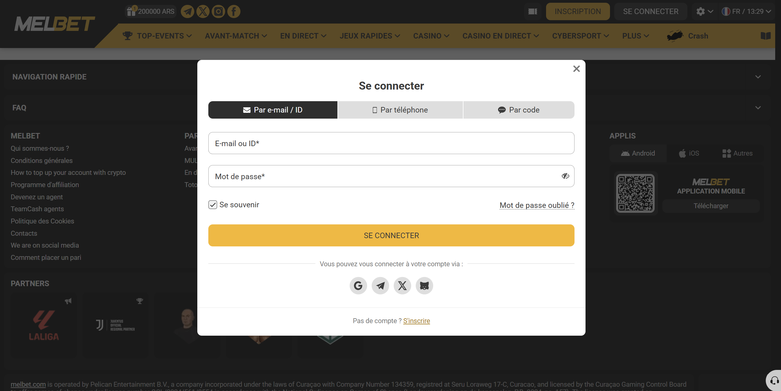 Formulaire de connexion Melbet - se connecter par e-mail, téléphone ou code